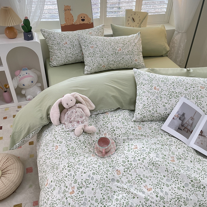 91家纺网 家纺一手货源 找家纺 丫丫家纺  2025新款13070全棉喷气小清新印花单品套件系列-四件套 松鼠小鹿