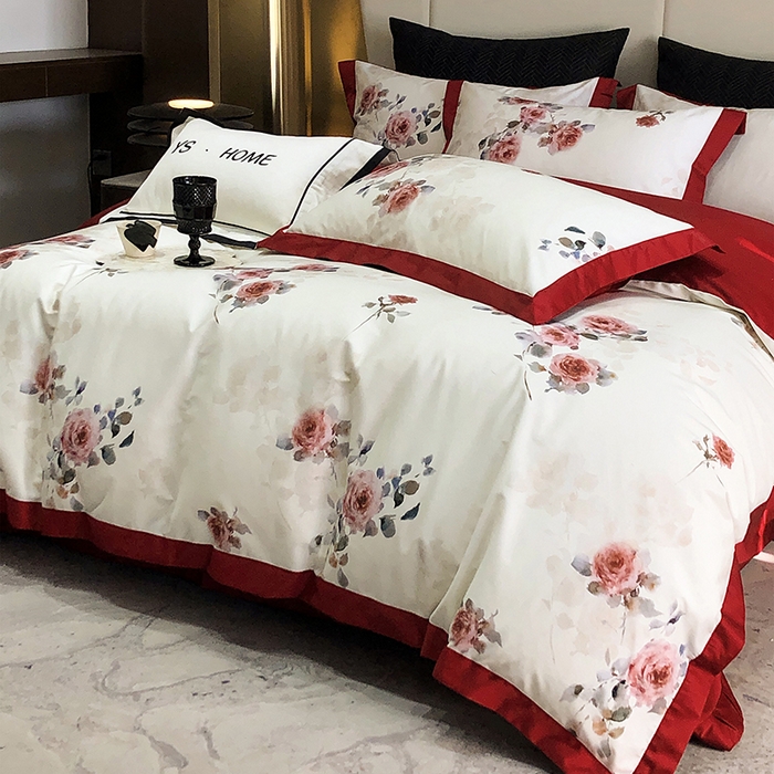 91家纺网 家纺一手货源 找家纺 薏思家纺 2025新款100支长绒棉数码印花飞边款四件套 满堂红