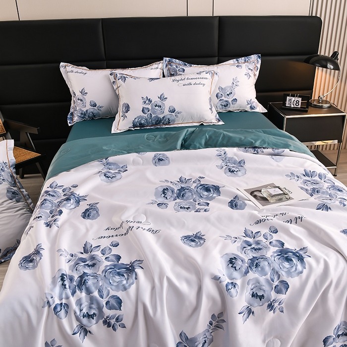 91家纺网 家纺一手货源 找家纺 千嘻汇2025新款水洗天丝真丝夏被四件套夏凉被空调被 花韵