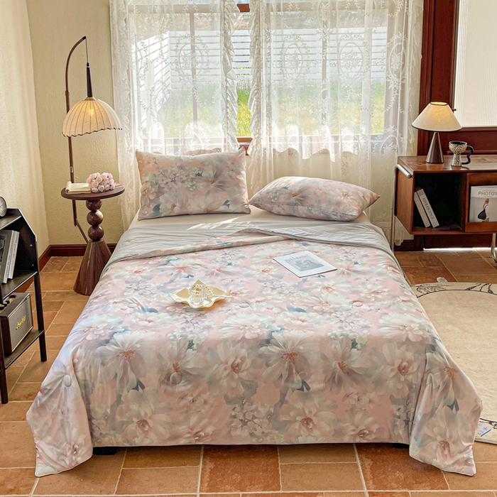 91家纺网 家纺一手货源 找家纺 小禹仔 2025新款针织凉感丝印花夏被夏凉被 花满丛咖