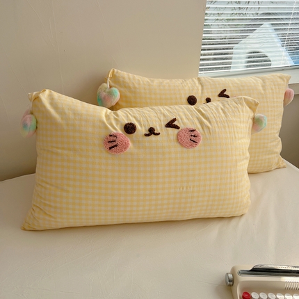 丽涵 2025新款水洗棉爱心球球单品枕套 笑脸猫咪-黄格