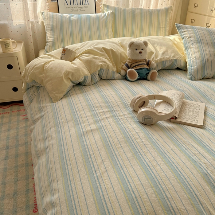 91家纺网 家纺一手货源 找家纺 雅居纺家纺 2025全棉色织水洗棉四件套 竖条蓝