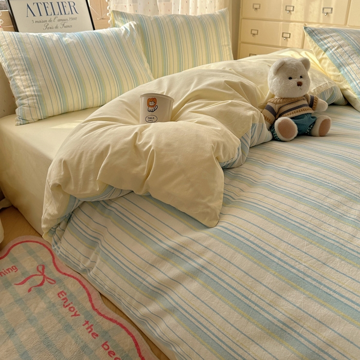 91家纺网 家纺一手货源 找家纺 雅居纺家纺 2025全棉色织水洗棉四件套 竖条蓝