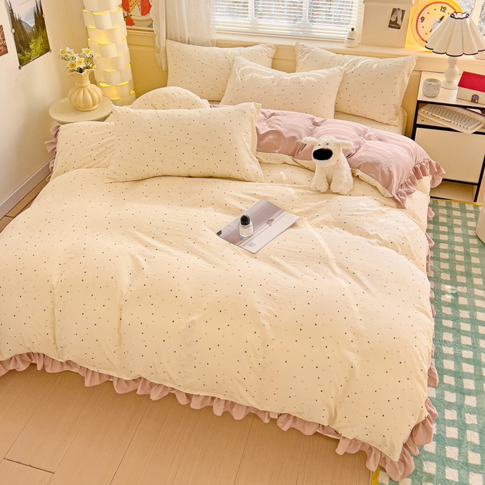 91家纺网 家纺一手货源 找家纺 纽缦家纺 2025新款云感提花双层纱韩版四件套 波点世界