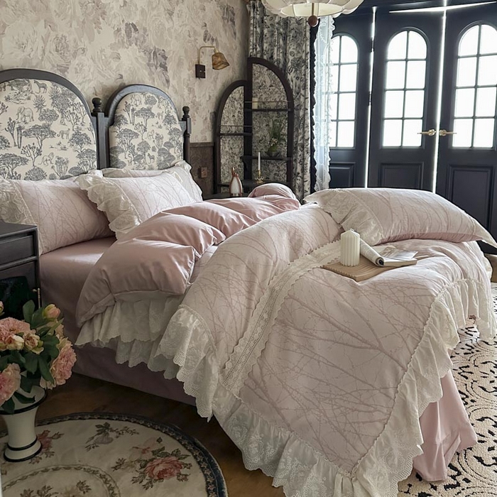 91家纺网 家纺一手货源 找家纺 亲亲公主 2025新款棉麻棉麻提花四件套 秘意-粉色