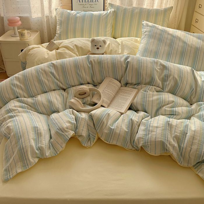 91家纺网 家纺一手货源 找家纺 雅居纺家纺 2025全棉色织水洗棉四件套 竖条蓝