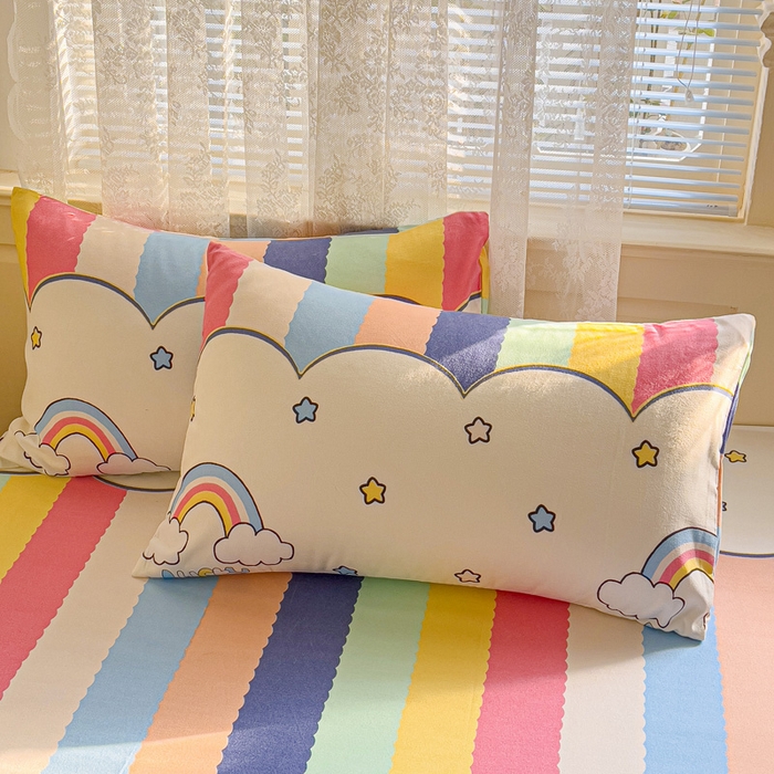 91家纺网 家纺一手货源 找家纺 极梦家纺（支持定制）  2025新款春秋130克加厚植物羊绒磨毛印花单床裙三件套 彩虹桥