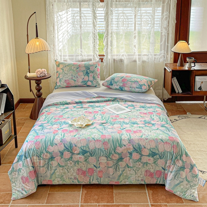 91家纺网 家纺一手货源 找家纺 小禹仔 2025新款针织凉感丝印花夏被夏凉被 郁情粉