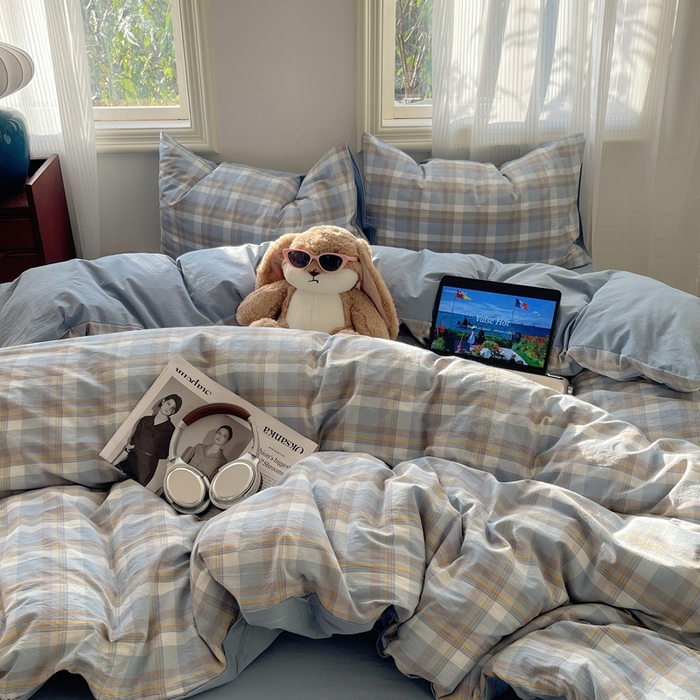 91家纺网 家纺一手货源 找家纺 雅居纺家纺 2025全棉色织水洗棉四件套 蓝调格