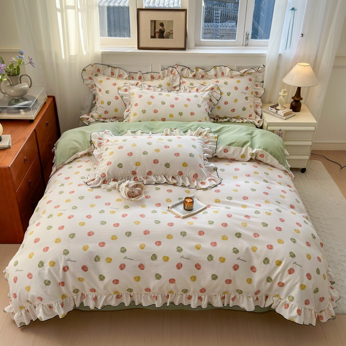 91家纺网 家纺一手货源 找家纺 寐居家纺 2025新款韩版舒柔绵四件套 花边款-多彩南瓜