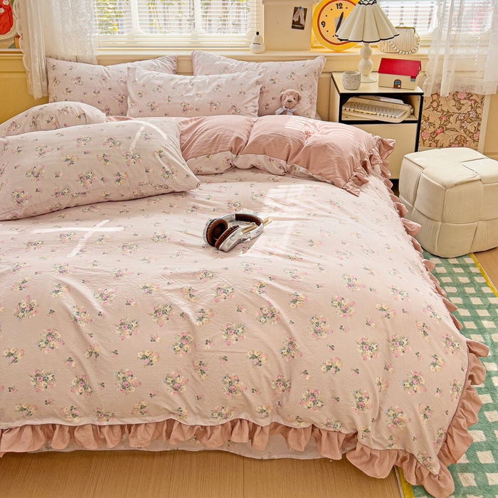 91家纺网 家纺一手货源 找家纺 纽缦家纺 2025新款云感提花双层纱韩版四件套 暗恋