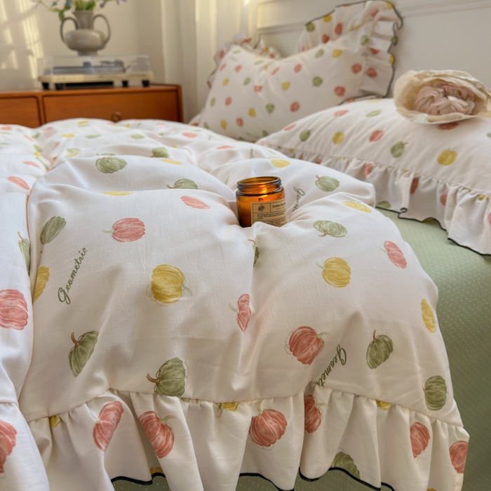 91家纺网 家纺一手货源 找家纺 寐居家纺 2025新款韩版舒柔绵四件套 花边款-多彩南瓜