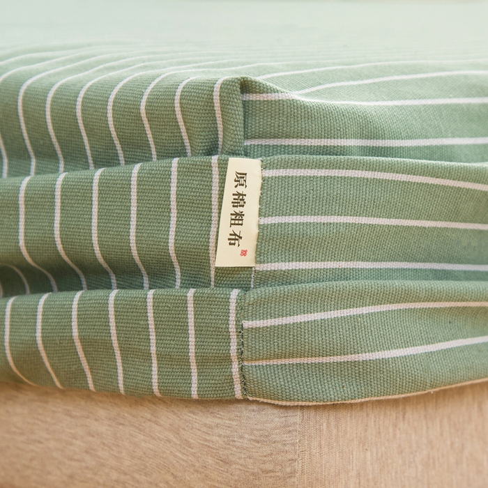 91家纺网 家纺一手货源 找家纺 棉乐町家居  2025新款原棉粗布床笠 条紋绿