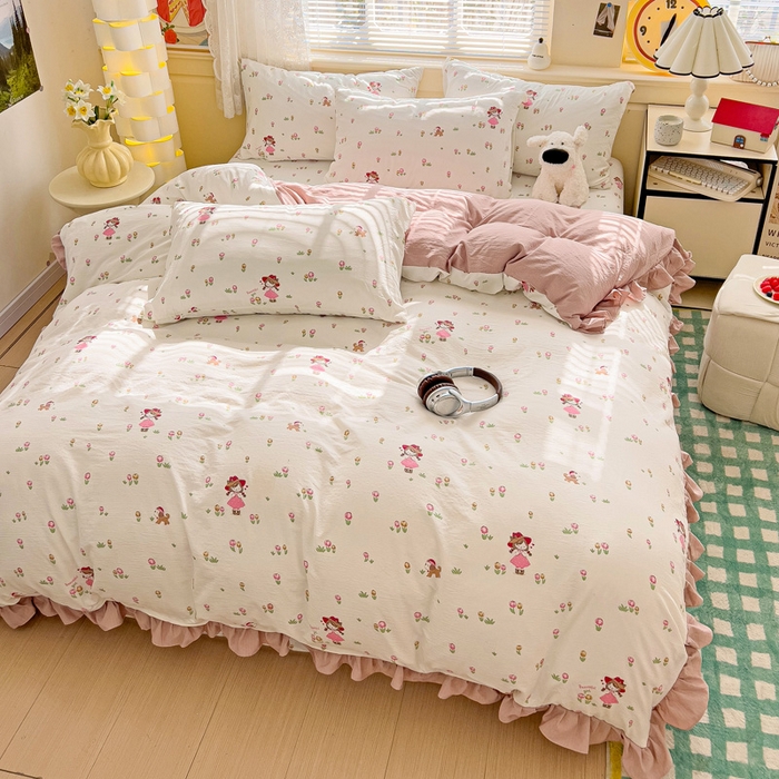 91家纺网 家纺一手货源 找家纺 纽缦家纺 2025新款云感提花双层纱韩版四件套 蜜糖之恋