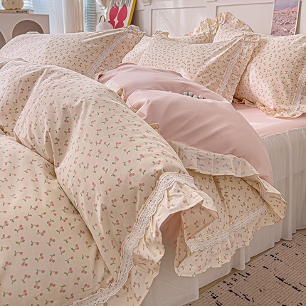 麦朵家居 2025新款13372花边全棉长绒棉床裙款四件套双层纱全棉水洗棉套件--繁花系列 小樱桃