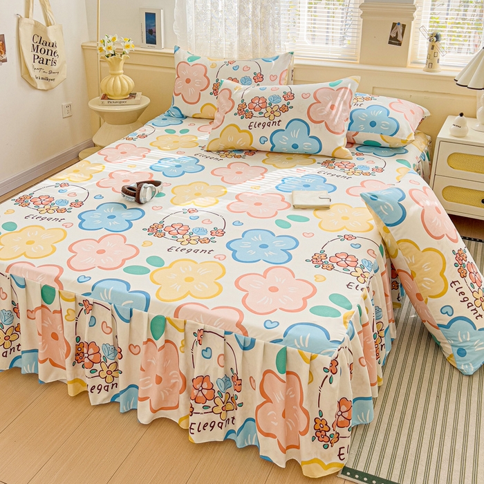 91家纺网 家纺一手货源 找家纺 极梦家纺（支持定制）  2025新款春秋130克加厚植物羊绒磨毛印花单床裙三件套 甜蜜桔朵