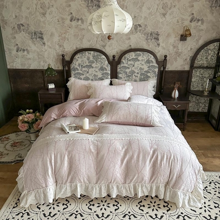 亲亲公主 2025新款棉麻棉麻提花四件套 秘意-粉色