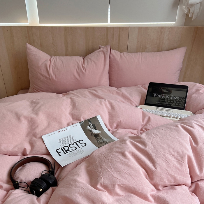 91家纺网 家纺一手货源 找家纺 雅居纺家纺 2025全棉色织水洗棉四件套 千鸟格粉