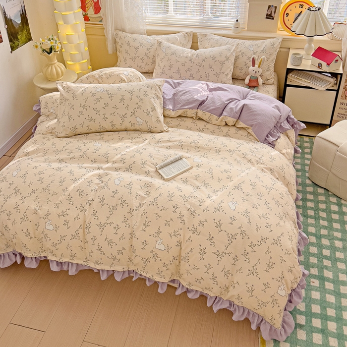 91家纺网 家纺一手货源 找家纺 纽缦家纺 2025新款云感提花双层纱韩版四件套 森田野园