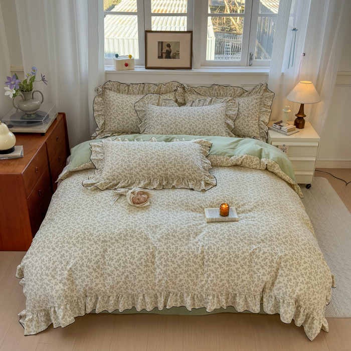 91家纺网 家纺一手货源 找家纺 寐居家纺 2025新款韩版舒柔绵四件套 花边款-初春