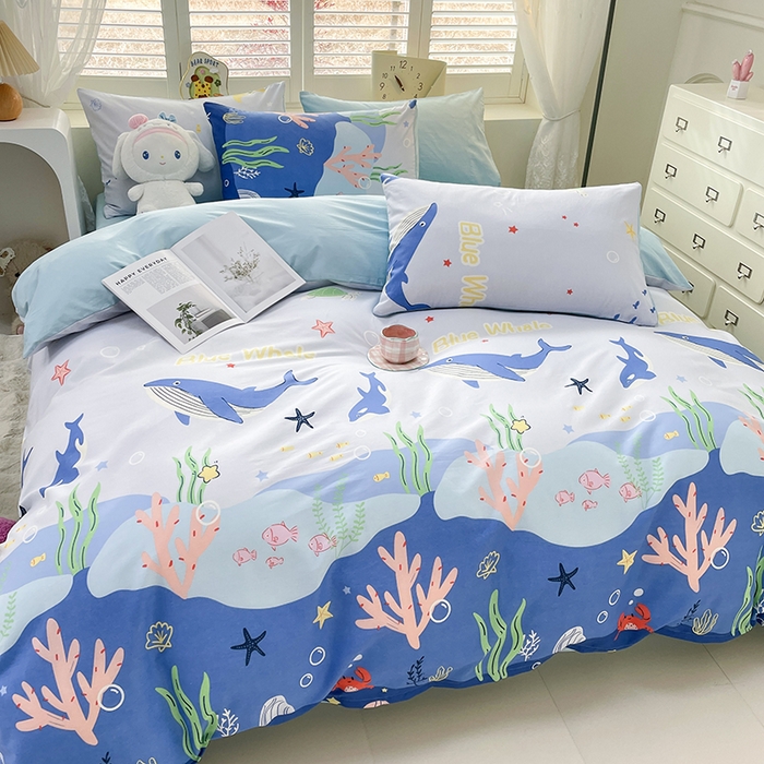 91家纺网 家纺一手货源 找家纺 丫丫家纺   2025全棉13070单被套印花小清新卡通碎花纯棉单品被套枕套（有预缩售后无忧 免费提供买家秀） 鲸鱼