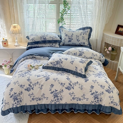 91家纺网 家纺一手货源 找家纺 （总）美达家纺 2025新款全棉纯色拼印花床裙四件套