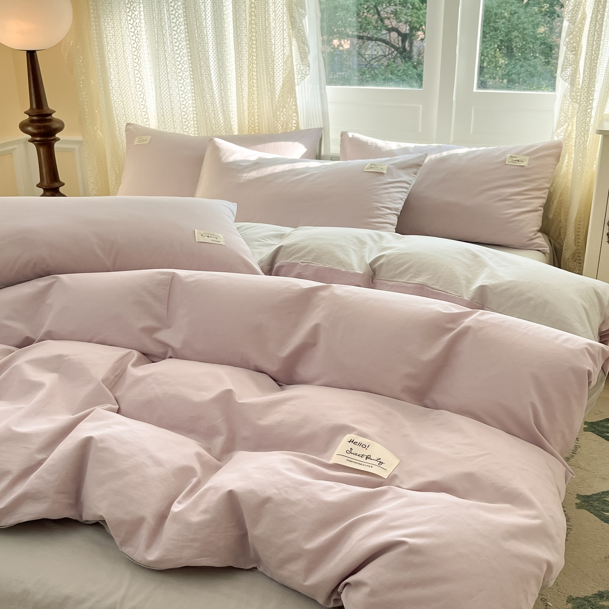 91家纺网 家纺一手货源 找家纺 寐居家纺 2025新款色织水洗棉套件 豆蔻紫+古典灰