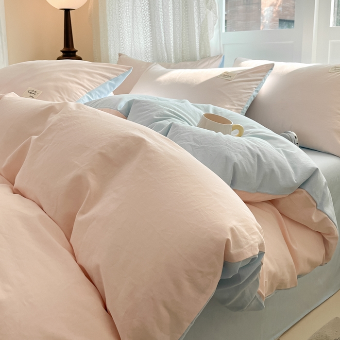 91家纺网 家纺一手货源 找家纺 寐居家纺 2025新款色织水洗棉套件 奶油玉+星空蓝