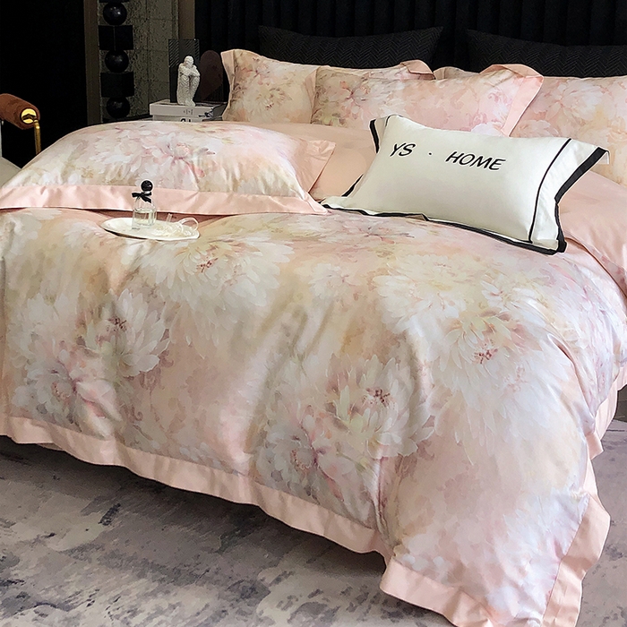 91家纺网 家纺一手货源 找家纺 薏思家纺 2025新款100支长绒棉数码印花飞边款四件套 花海