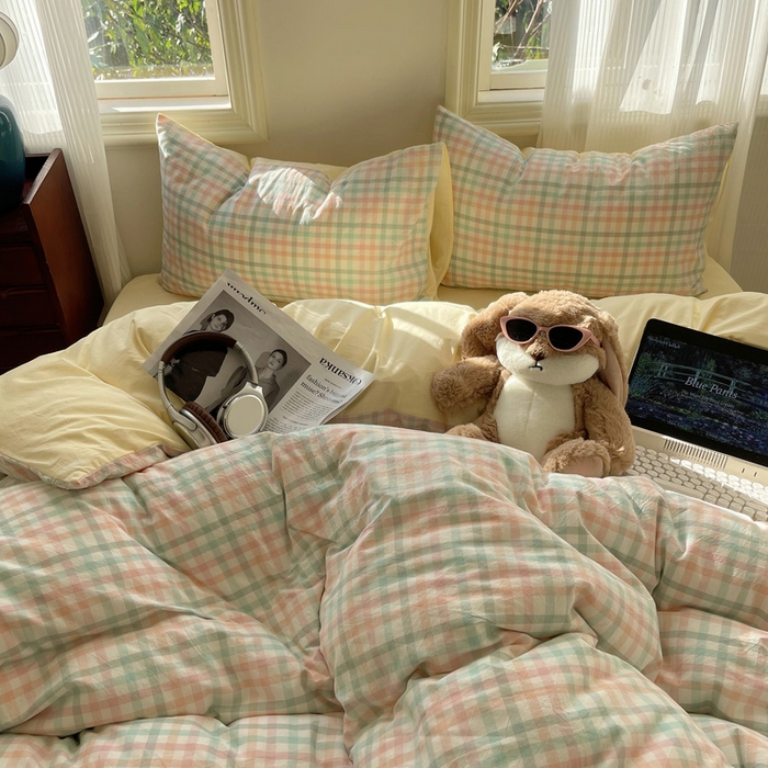 91家纺网 家纺一手货源 找家纺 雅居纺家纺 2025全棉色织水洗棉四件套 奶油格