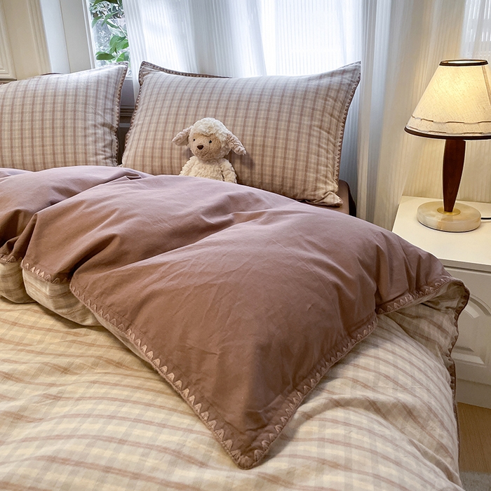 91家纺网 家纺一手货源 找家纺 蓝邻家纺 2025年新款全棉水洗棉贝壳边四件套系列 日落灰