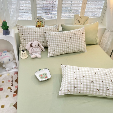 丫丫家纺 2025全棉13070单床单床笠纯棉单品枕套床笠床单（有预缩尺寸 售后无忧 免费提供买家秀） 樱桃格子绿