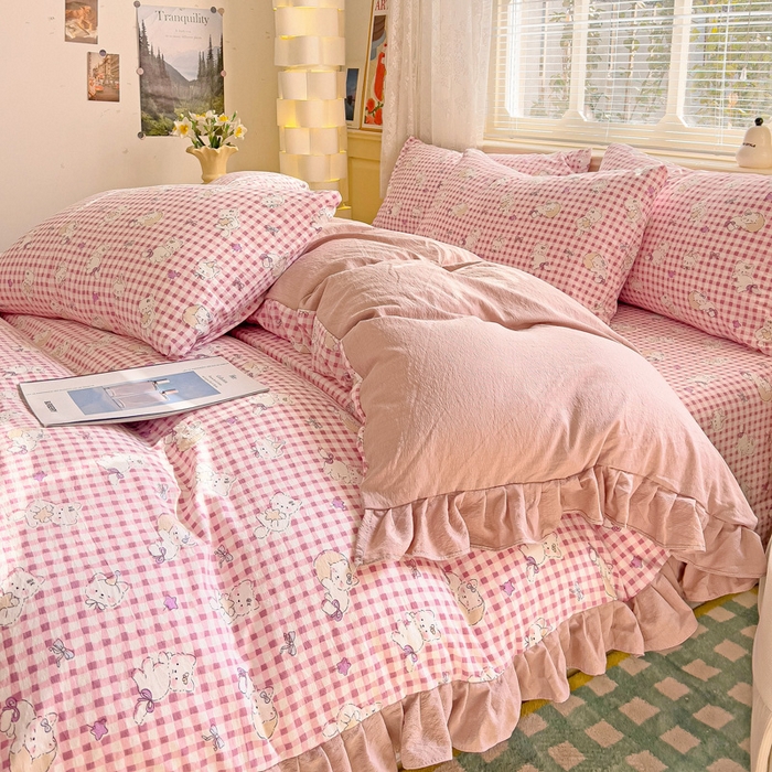 91家纺网 家纺一手货源 找家纺 纽缦家纺 2025新款云感提花双层纱韩版四件套 猫猫晚宴