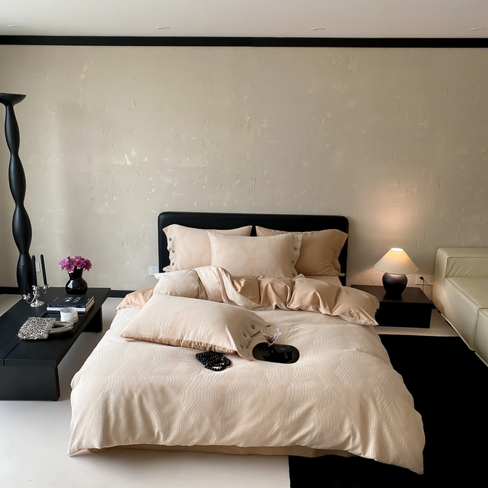 91家纺网 家纺一手货源 找家纺 旷野 2025新款全棉色织提花四件套 听潮-奶咖