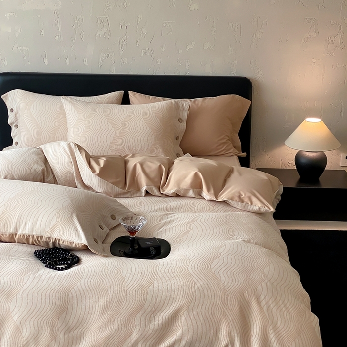 91家纺网 家纺一手货源 找家纺 旷野 2025新款全棉色织提花四件套 听潮-奶咖