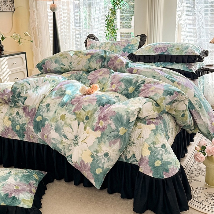 91家纺网 家纺一手货源 找家纺 金盛皇朝家纺 2025新款法式赫本风大花卉床盖四件套 水墨轻舞