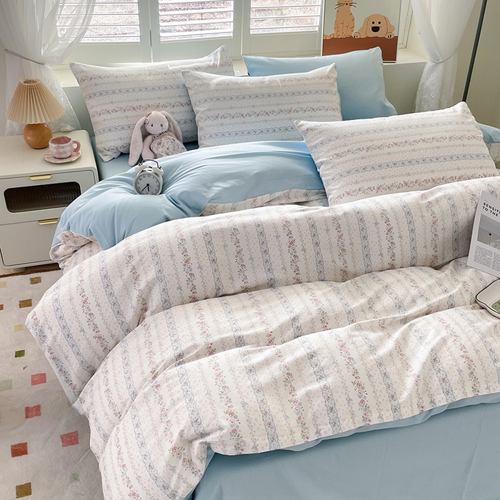 91家纺网 家纺一手货源 找家纺 丫丫家纺   2025全棉13070单被套印花小清新卡通碎花纯棉单品被套枕套（有预缩售后无忧 免费提供买家秀） 水苏花条纹