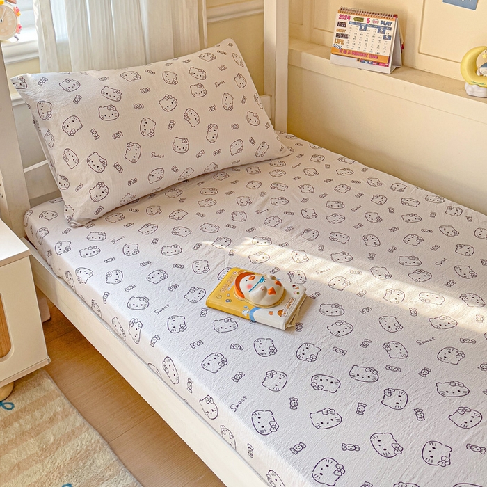 91家纺网 家纺一手货源 找家纺 纽缦家纺 2025新款云感提花双层纱学生床笠 猫咪恋人