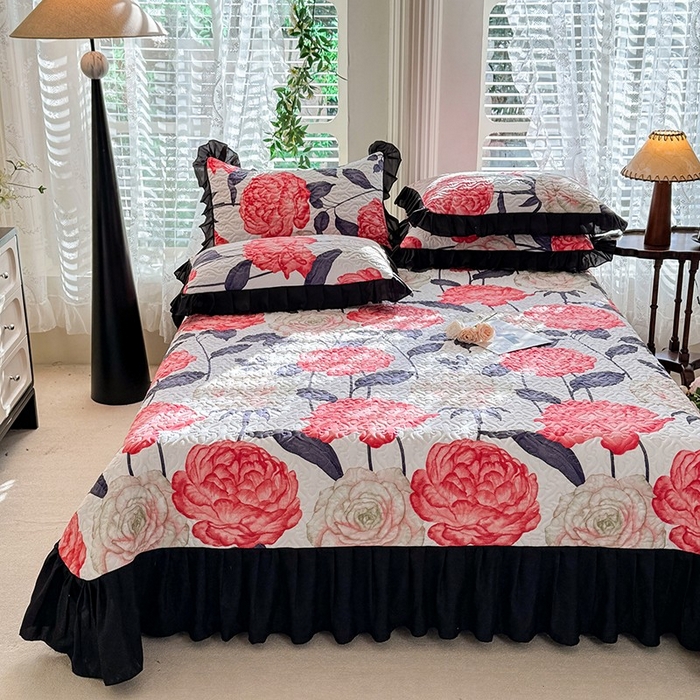 91家纺网 家纺一手货源 找家纺 金盛皇朝家纺 2025新款法式赫本风大花卉床盖四件套 花开富贵