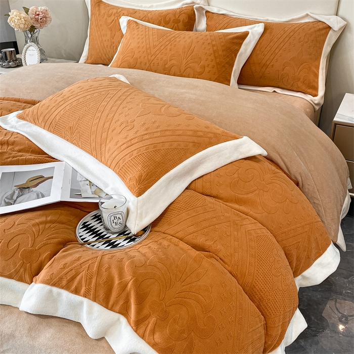 91家纺网 家纺一手货源 找家纺 金喜 2025新款高品质牛奶绒拼角四件套 南法假日-枫糖