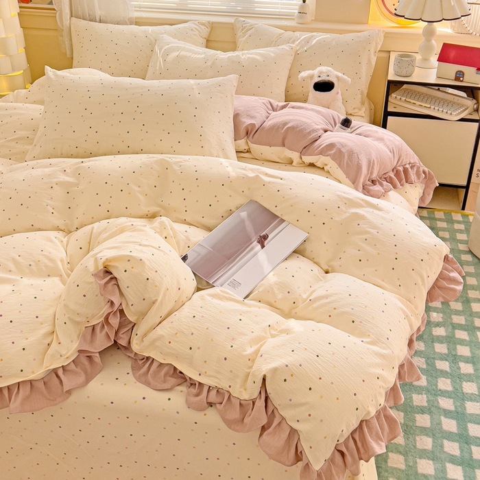 91家纺网 家纺一手货源 找家纺 纽缦家纺 2025新款云感提花双层纱韩版四件套 波点世界