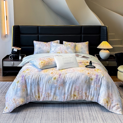 91家纺网 家纺一手货源 找家纺 优贝家纺 2025新款百分百莱赛尔天丝数码印花天丝四件套 蓝花遍地