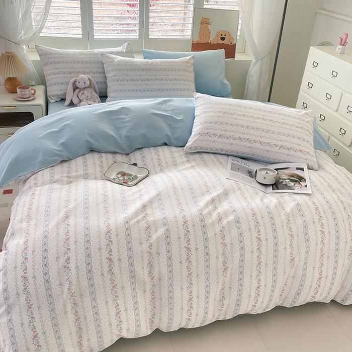 91家纺网 家纺一手货源 找家纺 丫丫家纺   2025全棉13070单被套印花小清新卡通碎花纯棉单品被套枕套（有预缩售后无忧 免费提供买家秀） 水苏花条纹