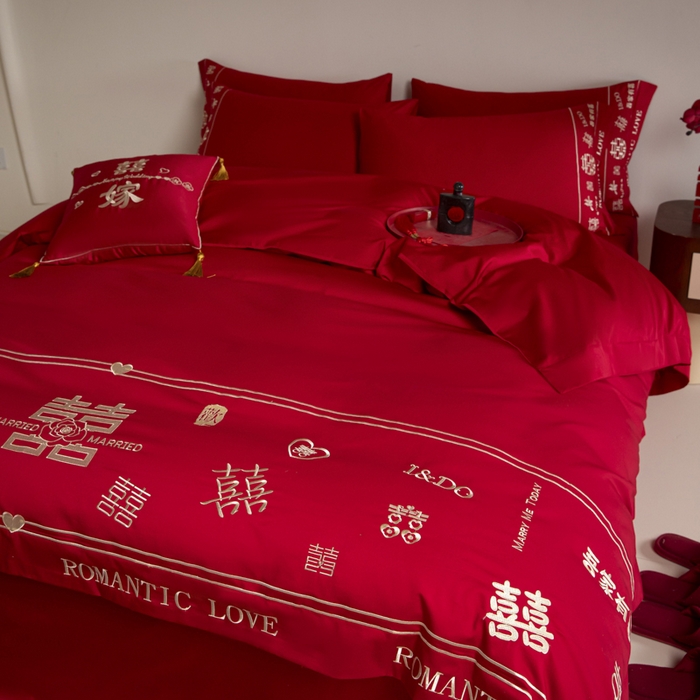 91家纺网 家纺一手货源 找家纺 苏源家居 2025新款 大红婚庆结婚喜庆刺绣轻奢四件套-吾家有喜系列 吾家有喜-金色