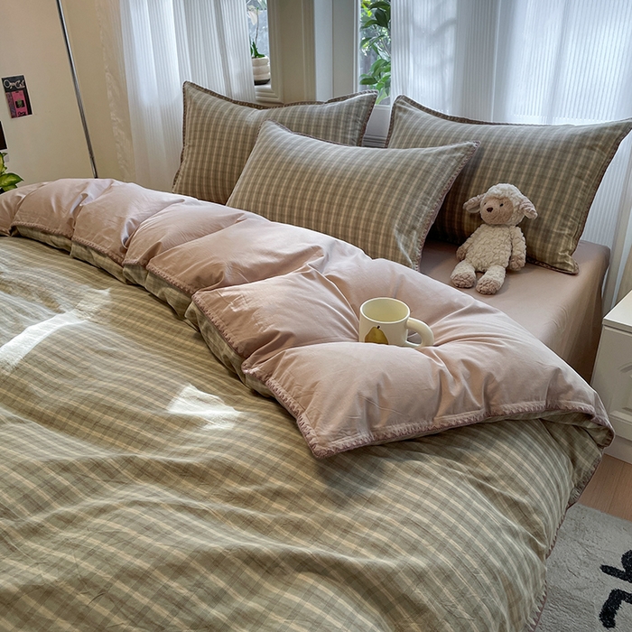 91家纺网 家纺一手货源 找家纺 蓝邻家纺 2025年新款全棉水洗棉贝壳边四件套系列 日落绿