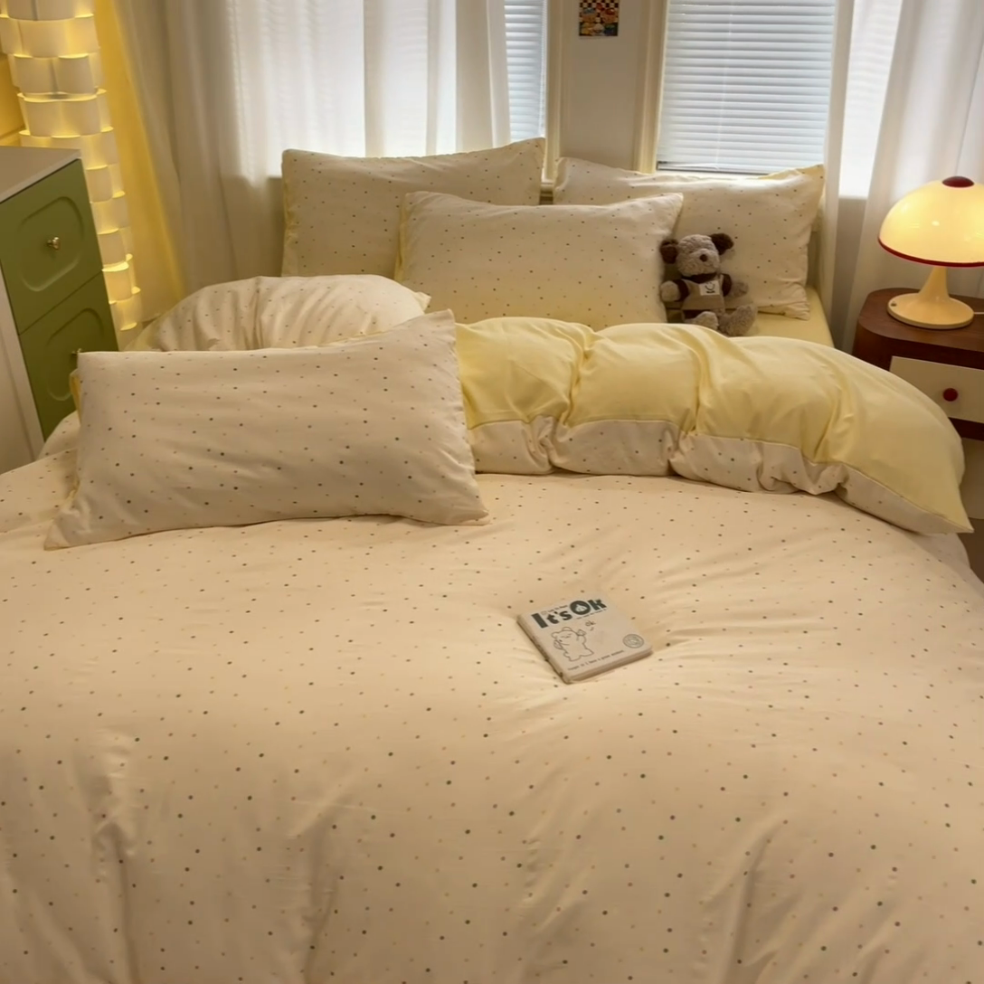 91家纺网 家纺一手货源 找家纺 新印象 2025新款有氧针织棉双层纱四件套点点