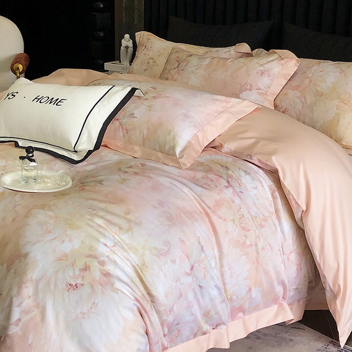 91家纺网 家纺一手货源 找家纺 薏思家纺 2025新款100支长绒棉数码印花飞边款四件套 花海