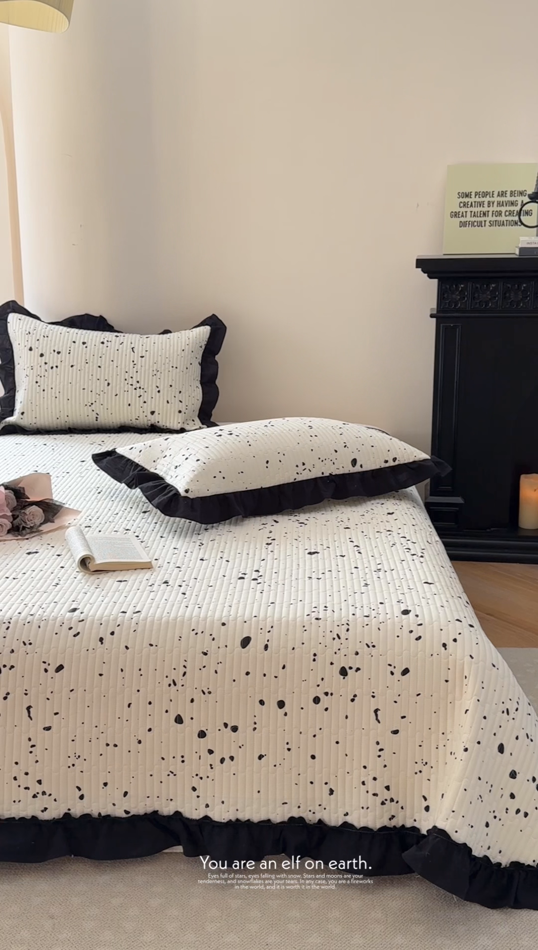 91家纺网 家纺一手货源 找家纺 金丝鸟 2025全棉黑色花边款韩式床盖 点墨