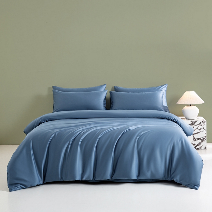 91家纺网 家纺一手货源 找家纺 沃尔居 2025新款全棉长绒棉四件套纯色贡缎纯棉被套床笠款三件套 宾利蓝