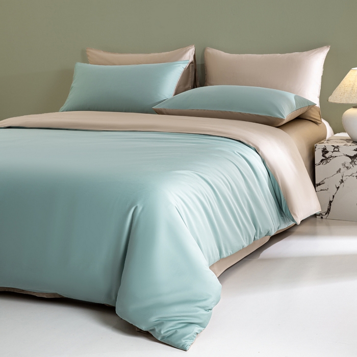 91家纺网 家纺一手货源 找家纺 沃尔居 2025新款全棉长绒棉四件套纯色贡缎纯棉被套床笠款三件套 薄荷绿+奶咖